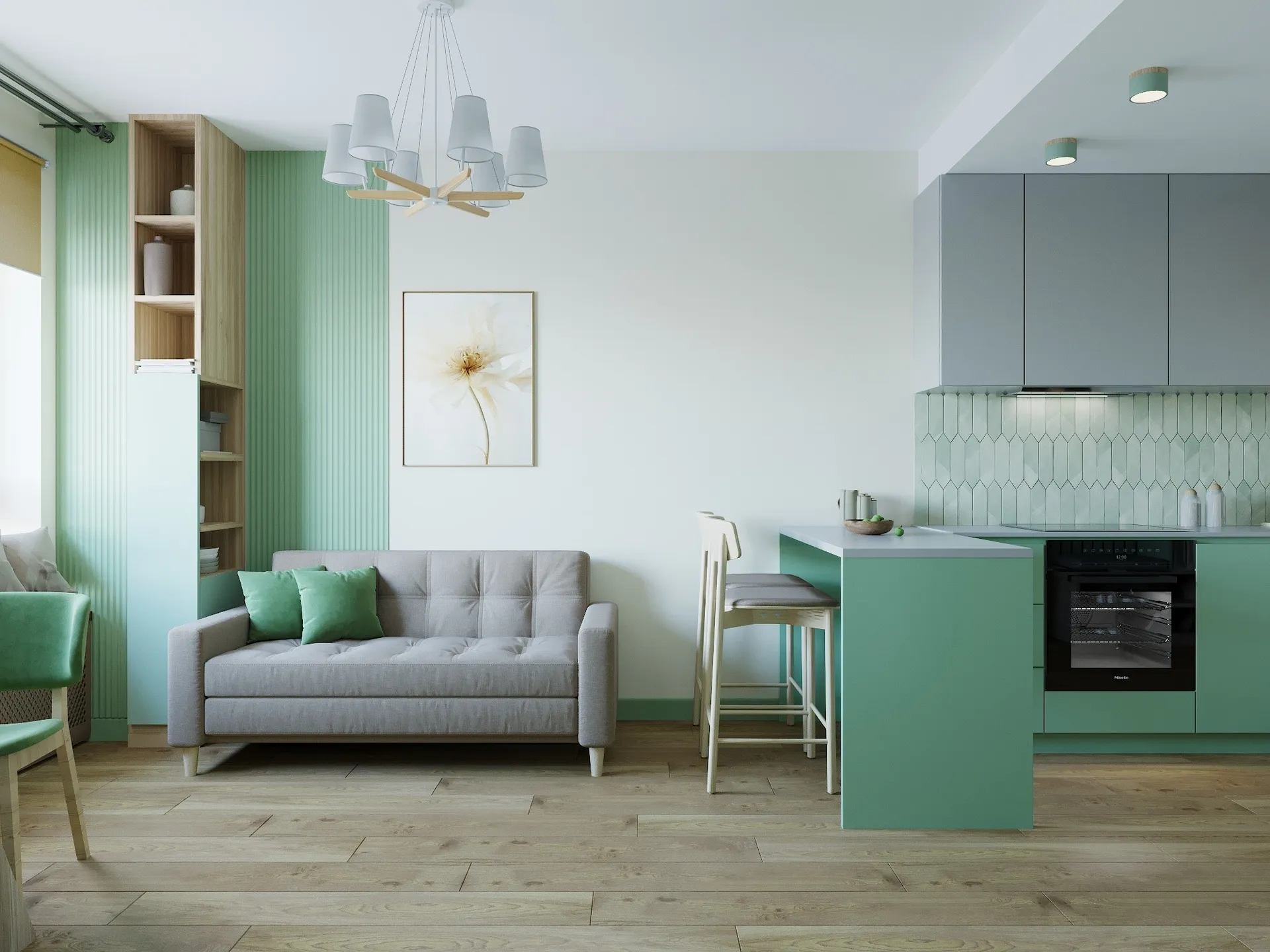 "Кухня-гостиная 32 кв.м в современном стиле с уютной зоной отдыха и функциональной кухонной мебелью."