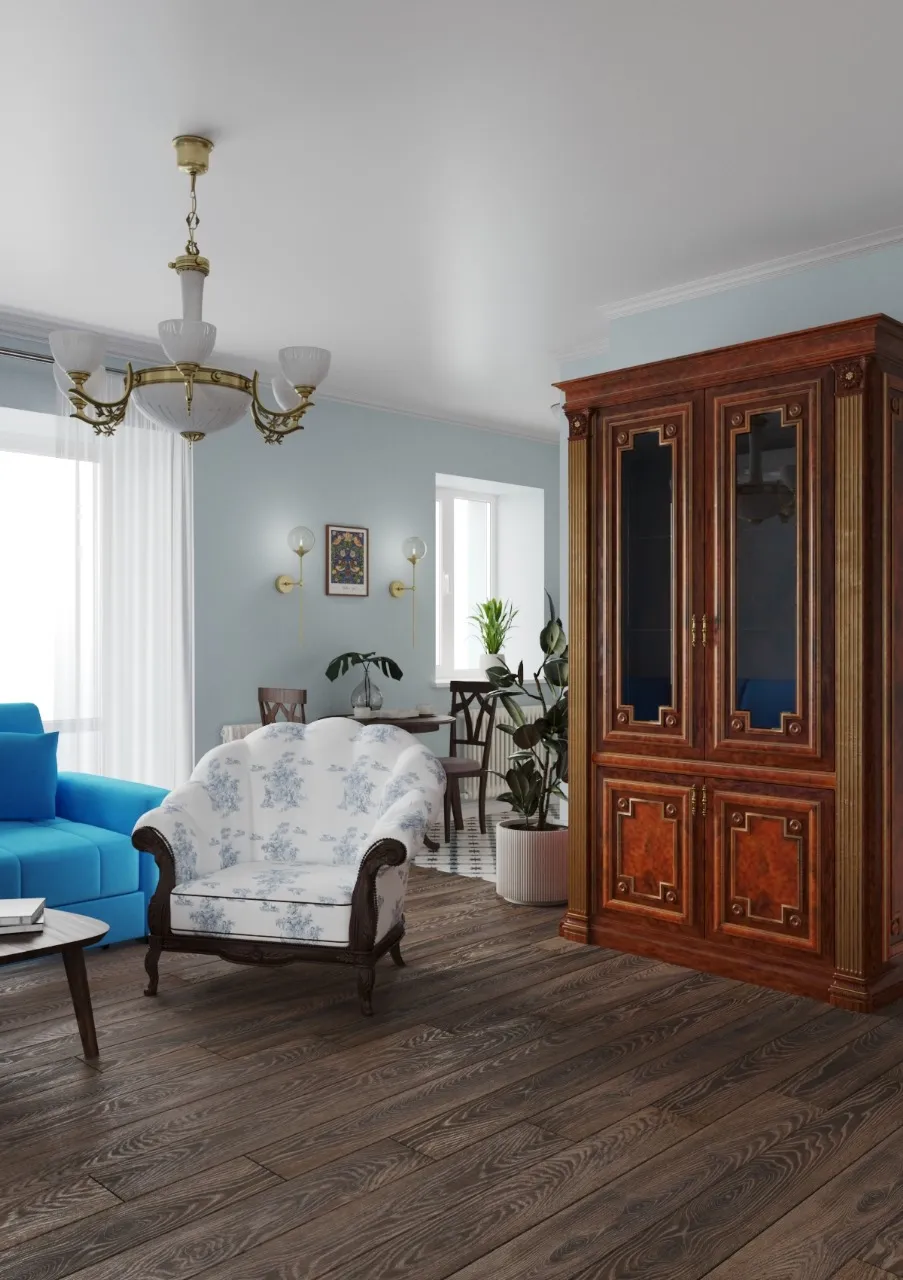 "Гостиная в современном классическом стиле с уютной мебелью и стильными аксессуарами"