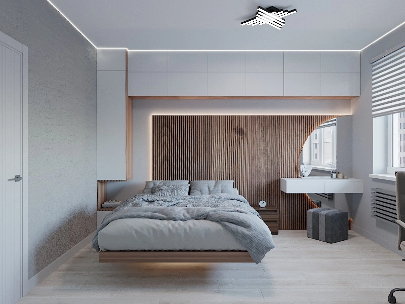 "Спальня в современном стиле с большим окном и уютной атмосферой, проект 2-комнатной квартиры в Кемерово"