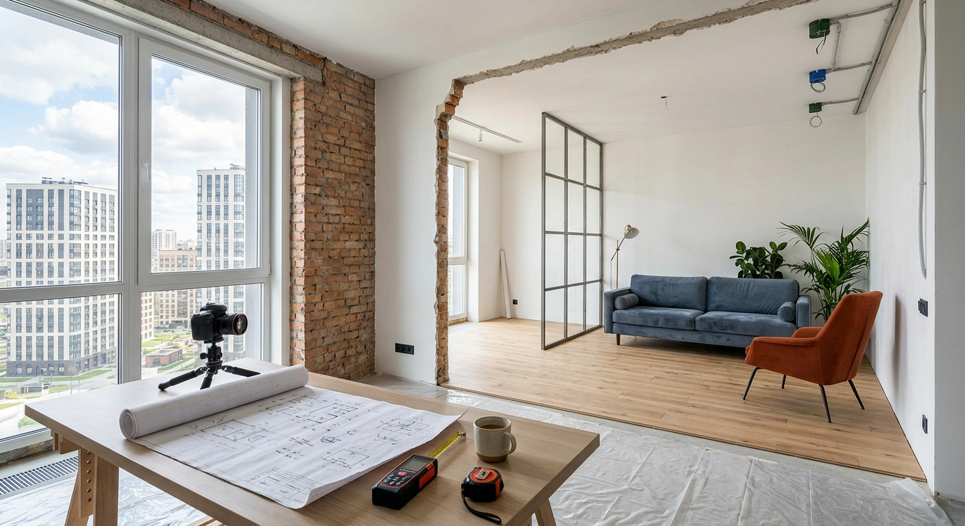 Перепланировка квартиры в новостройке — открытое пространство и план помещения на столе