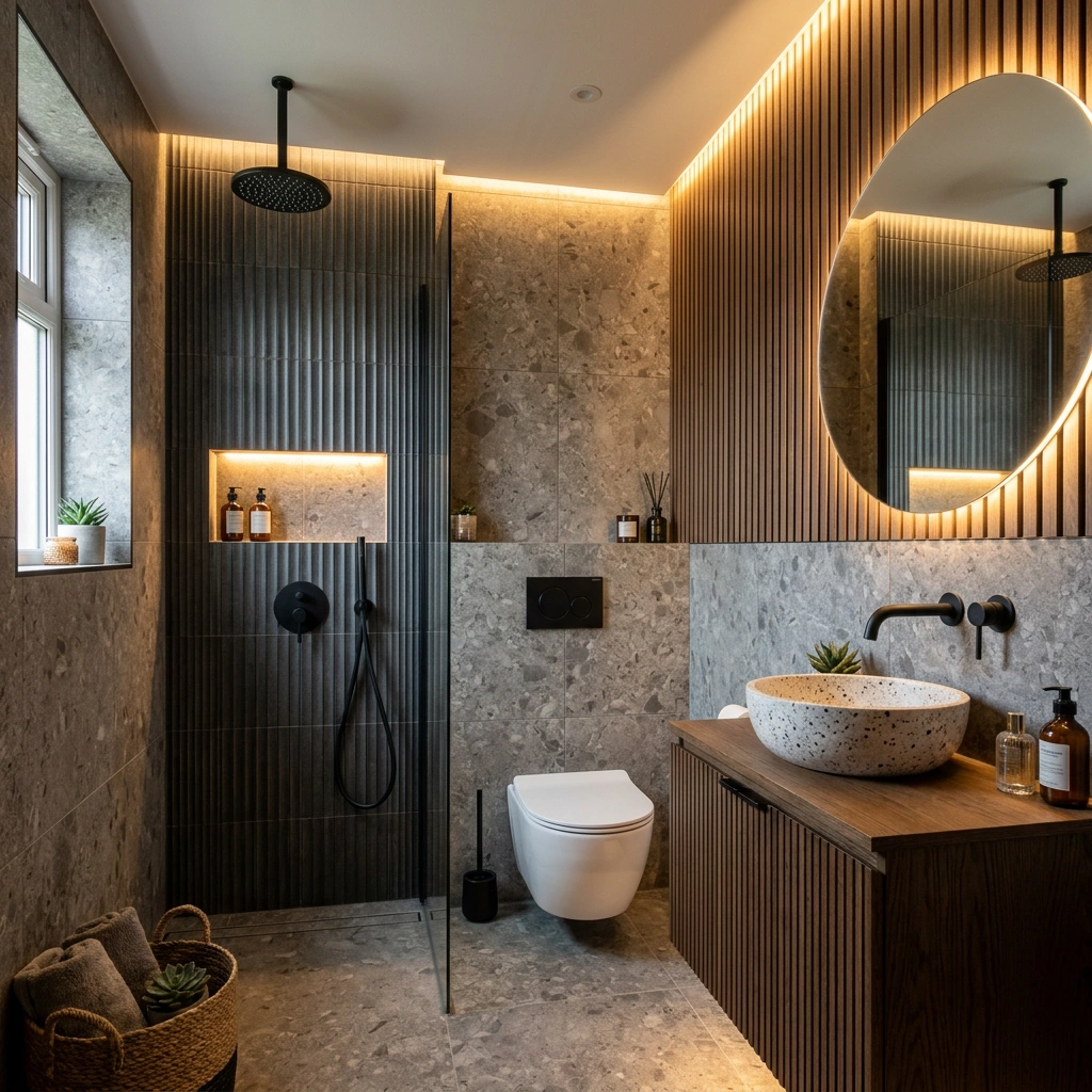 Дизайн санузла 4 м²: встроенное хранение, инсталляция и плитка под мрамор