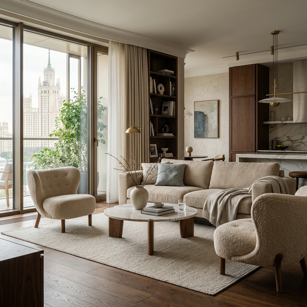 Тренды дизайна интерьера 2026: современная гостиная с актуальными решениями в оформлении