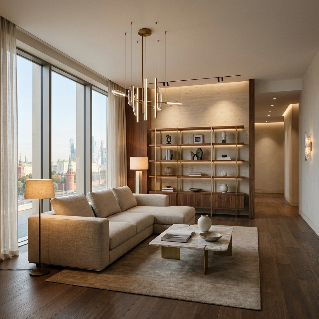 Сценарии освещения в гостиной московской квартиры: тёплый свет меняет атмосферу интерьера