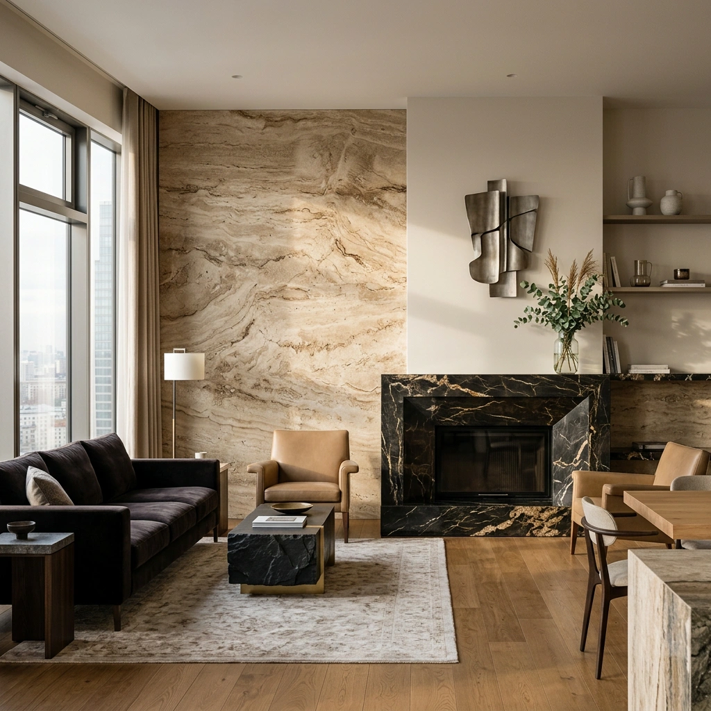 Акцентная стена из натурального мрамора в гостиной — дизайн-проект студии AAintdesign, Москва