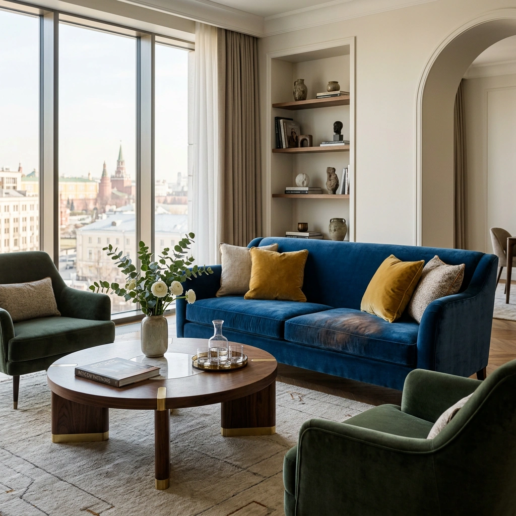 Велюровый диван в интерьере гостиной — мягкая мебель с тактильным комфортом для уютного дома