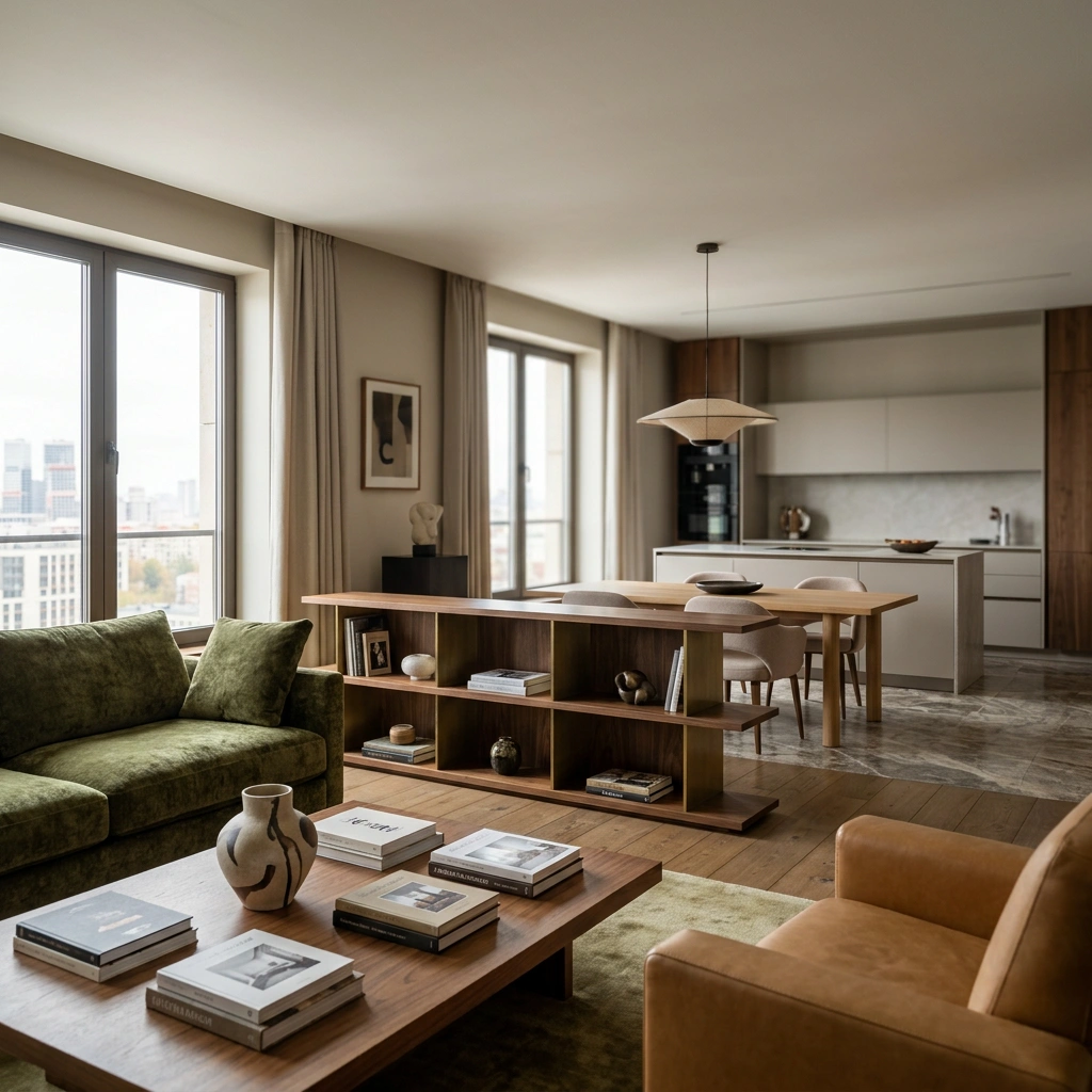 Зонирование open space без стен — современный интерьер с функциональным делением пространства