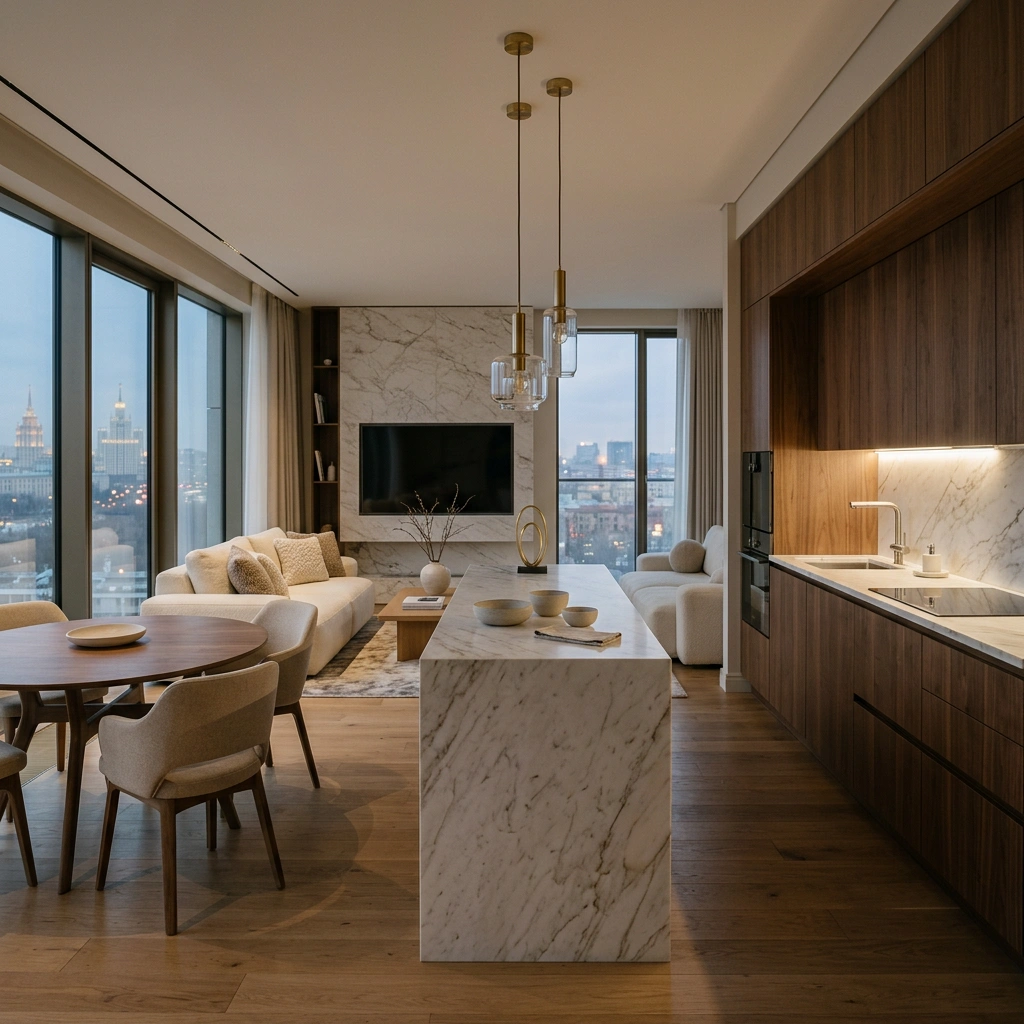 Эргономичная кухня-гостиная open space в современном московском интерьере