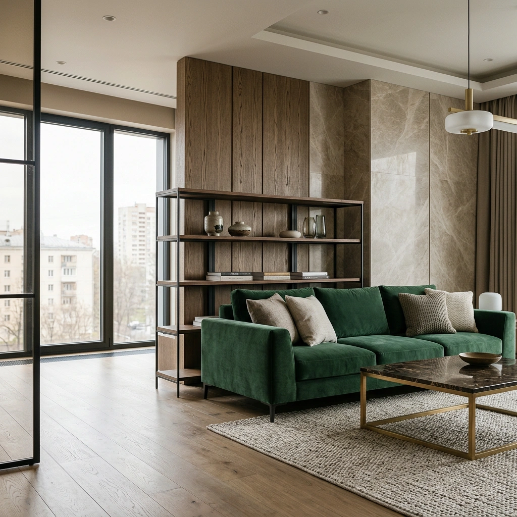 Сочетание камня, дерева и велюра в интерьере квартиры — фактурный дизайн-проект в Москве