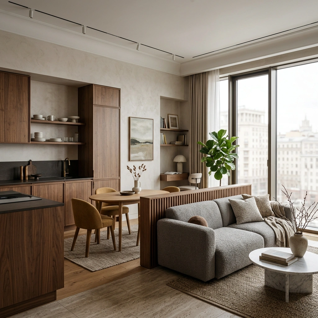 Квартира с открытой планировкой — зонирование кухни-гостиной без перегородок, дизайн-проект студии AAintdesign