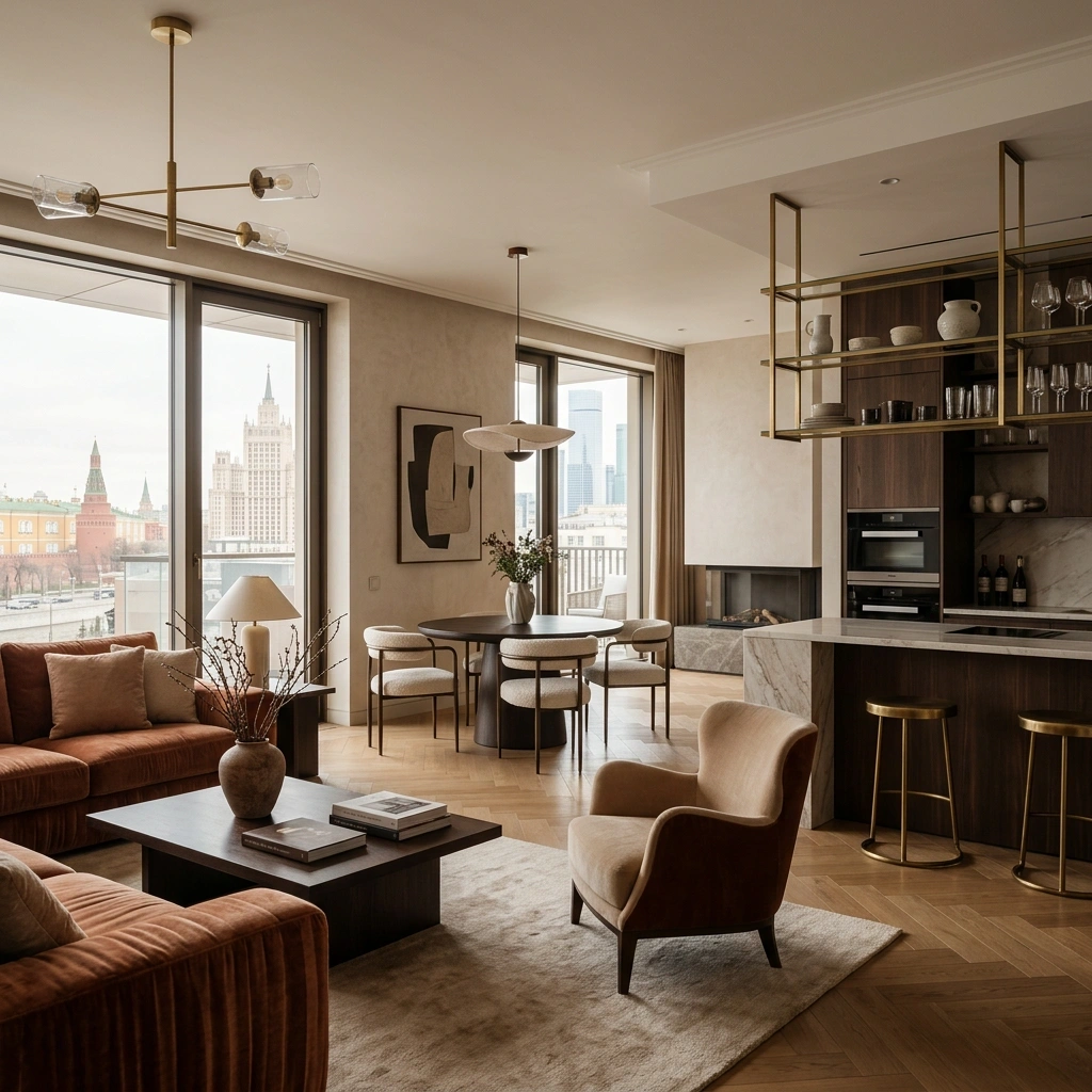 Просторная квартира с открытой планировкой: кухня, столовая и гостиная для удобства.