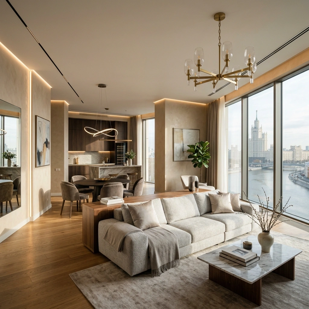 Многофункциональная мебель для открытой планировки: трансформируемый стол экономит каждый метр.