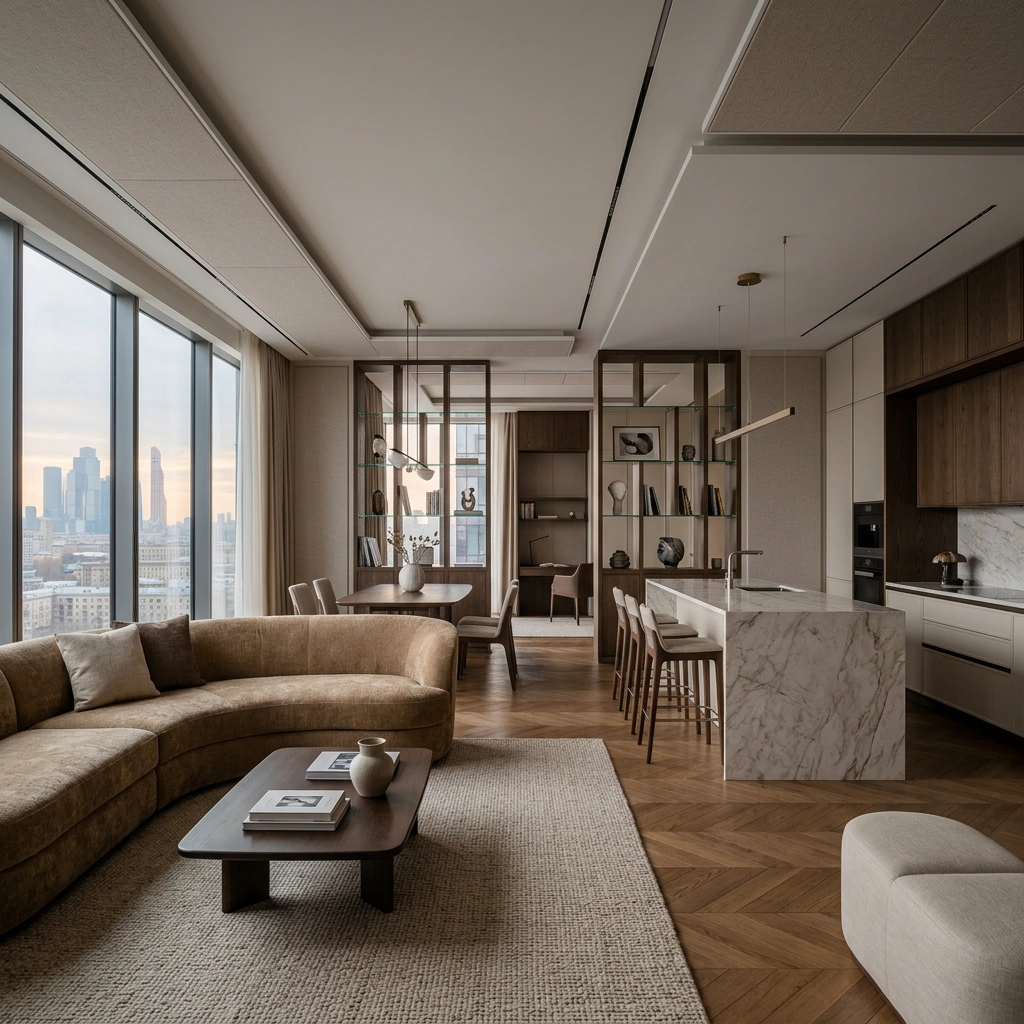 Единый дизайн открытой планировки: гармоничное сочетание стиля и удобства от дизайнеров.